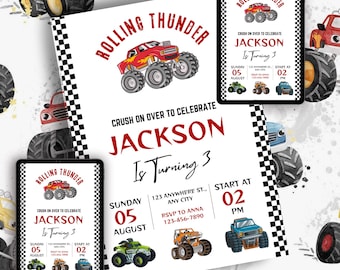 Editable Monster Truck 3rd Birthday Invitation Template: Watercolor Trucks Party,  Racing Party Template, Editable 5x7 Canva Template