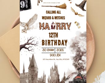 Invitación de cumpleaños de brujas y magos, invitación de cumpleaños mágica editable en Canva, plantilla imprimible para fiesta de brujas de Halloween escolar en Canva
