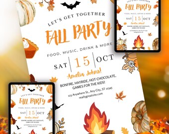Invitación editable para fiesta de la cosecha de otoño: plantilla de hojas de otoño, fiesta de barrio, invitación a la hoguera, invitación a un picnic de otoño, tarjeta de Halloween