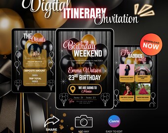 Plantilla de itinerario de cumpleaños editable: Viaje a México, fin de semana de chicas (descarga digital de Canva)