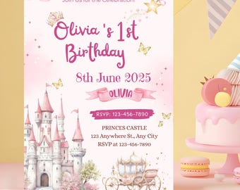 Bearbeitbare Prinzessin Geburtstagseinladung, Rosa Schlossparty Einladungskarte, Aquarell Prinzessin Party Royal Thema Digitale Canva Vorlage