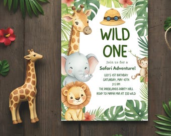 Edytowalne zaproszenie na pierwsze urodziny Safari, cyfrowe zaproszenie na urodziny Wild One, szablon Canva na imprezę z motywem zwierząt dżungli