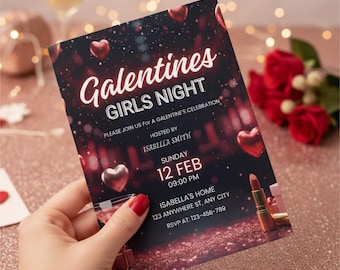 Plantilla de invitación para el Día de Galentine, invitación para una noche de chicas, invitación editable en Canva para la fiesta de Galentine, descarga digital