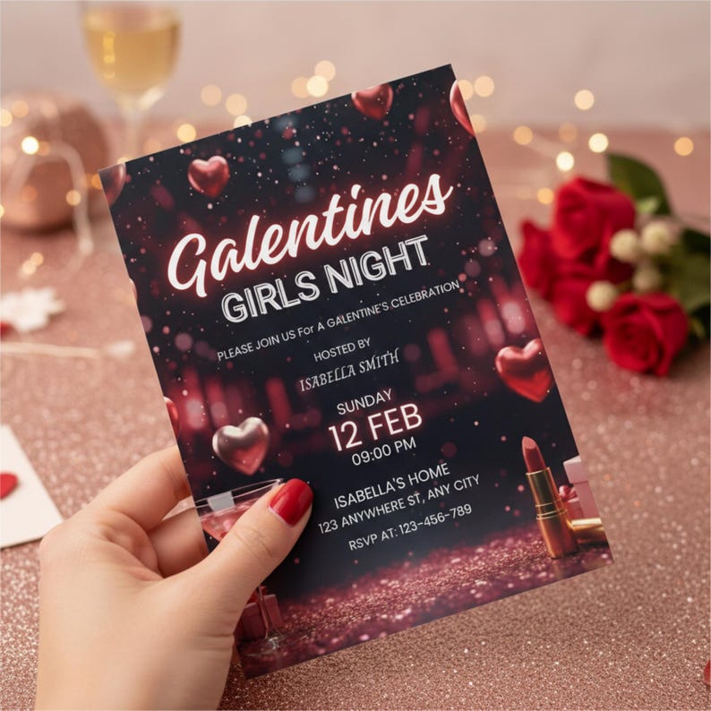 May include: A Galentines Girls Night invitation with a dark background, featuring heart-shaped balloons and lipstick illustrations. The invitation includes the date, time, and location for the event, hosted by Isabella Smith.