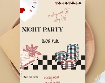 Invitación digital de póker, invitación a una fiesta de casino para cumpleaños o amigos, plantilla digital editable de Canva, naipes imprimibles