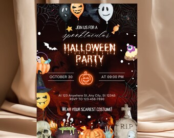 Invitación de calabaza espeluznante para fiesta de Halloween: Plantilla editable de Canva para imprimir y disfrazar a tu fiesta de cumpleaños.