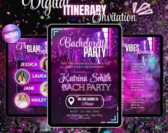 Invitación digital para despedida de soltera: itinerario de viaje animado, invitación para despedida de soltera, invitación digital descargable para despedida de soltera al aire libre