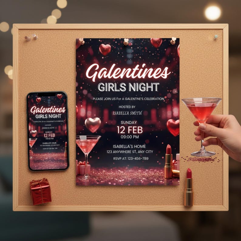 May include: A corkboard displays a "Galentines Girls Night" invitation with a smartphone showing the same design. A martini glass with a red drink is held by a hand. Lipstick and a small gift box are also present.