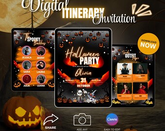 Invitación para fiesta de Halloween: Itinerario espeluznante, plantilla editable de Canva (descarga digital)