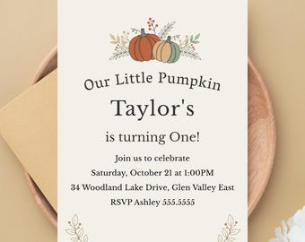 Invitación editable para el primer cumpleaños de nuestra pequeña calabaza, invitación rosa para el primer cumpleaños, plantilla imprimible de otoño (descarga digital).