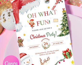 Tarjeta de invitación editable para fiesta de Navidad, ¡qué divertida invitación de cumpleaños de Navidad!, invitación navideña, plantilla digital Canva para fiesta de Navidad.