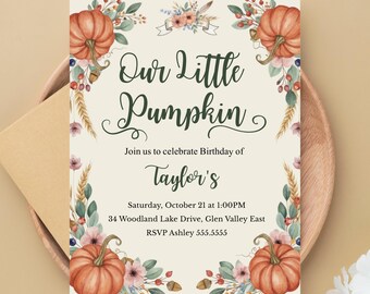 Invitación de cumpleaños con temática de calabaza para el primer cumpleaños, Invitación para fiesta de cumpleaños otoñal para el primer cumpleaños, Plantilla de invitación de calabaza otoñal, Descarga instantánea de la cosecha de otoño