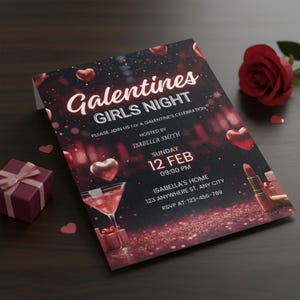 May include: A Galentine's Girls Night invitation with a dark red and black background, featuring hearts, a cocktail, and lipstick illustrations. The invitation includes event details and the host's name.