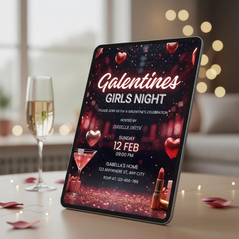 May include: A digital tablet displays a Galentine's Girls Night invitation. The invitation features a red and black background with heart-shaped balloons, a cocktail, and lipstick. The text includes the date, time, and location.