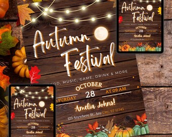 Invitación a la fiesta de la cosecha de otoño, invitación a la fiesta de otoño, invitación a la hoguera, descarga digital, tarjeta para la fiesta de Halloween de otoño, plantilla de hojas de otoño de Canva