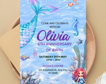 Plantilla editable de invitación de sirena en Canva, invitación para fiesta de cumpleaños bajo el mar, invitación para fiesta de cola de sirena, invitación digital editable