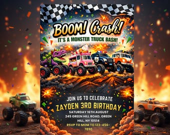 Plantilla de invitación de cumpleaños de Monster Truck, invitación para fiesta de camiones para niños, diseño editable en Canva, imprimible con temática de carreras, tarjeta de cumpleaños para niño