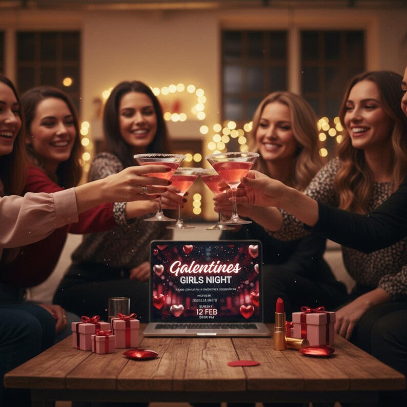 May include: A group of women toasting with pink cocktails at a Galentine's Girls Night. A laptop displays the event details, surrounded by gifts and lipstick on a wooden table. String lights and a cozy atmosphere enhance the celebration.