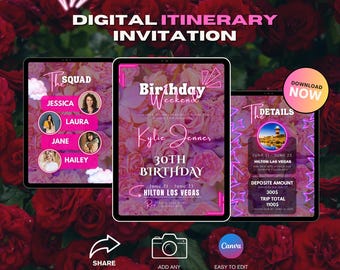 Editable Travel Itinerary Invitation, Girls Trip, Birthday Invitation, Weekend Getaway Birthday Weekend & Trip Schedule, DIY invitation
