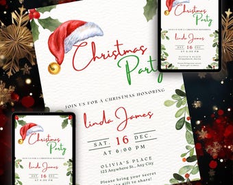 Plantilla de invitación para fiesta navideña de DPH, tarjeta de invitación de cumpleaños navideña editable en Canva con gorro de Papá Noel, plantilla imprimible, tarjetas digitales