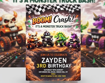 Invitación de cumpleaños de Monster Truck, invitación editable en Canva para fiesta infantil, temática de fiesta de camiones, descarga digital para el tercer cumpleaños de niño, invitación con nombre personalizado
