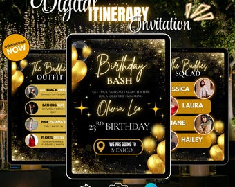 Invitación de fin de semana de cumpleaños: Itinerario digital de viaje de chicas, viaje animado, plantilla editable de Canva (descarga digital)