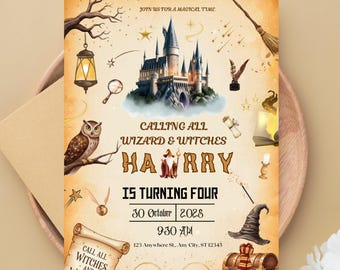 Invitación de cumpleaños editable de brujas magas, invitación de cumpleaños mágica, plantilla imprimible de fiesta de brujas de Halloween escolar de Canva, invitación digital