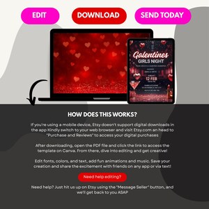 May include: A laptop and tablet display a red background with hearts and a Galentine's Girls Night invitation. The invitation includes event details. The image also has edit, download, and send today buttons.