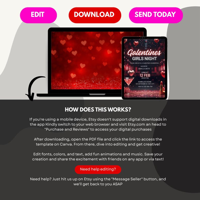 May include: A laptop and tablet display a red background with hearts and a Galentine's Girls Night invitation. The invitation includes event details. The image also has edit, download, and send today buttons.
