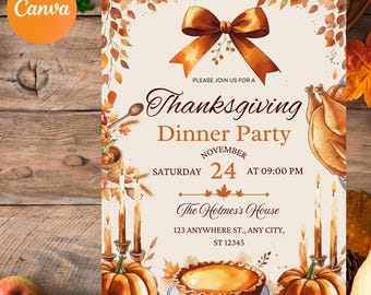 Edytowalny szablon zaproszenia na Święto Dziękczynienia, zaproszenie na kolację z okazji Święta Dziękczynienia z przyjaciółmi, motyw jesienny z dynią, drukowana cyfrowa kartka