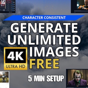 May include: A promotional graphic with the text "GENERATE UNLIMITED IMAGES FREE" in large white letters. The graphic also includes the text "4K ULTRA HD" in a gold and black box, and "5 MIN SETUP". The background features a dark, smoky cloud.