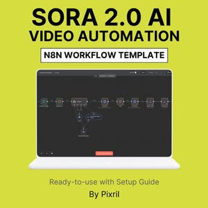 Op de afbeelding: Een witte laptop toont een workflowdiagram op een donker scherm, met de tekst "SORA 2.0 AI VIDEO AUTOMATION" en "N8N WORKFLOW TEMPLATE" erboven. Daaronder staat de tekst "Ready-to-use with Setup Guide By Pixril". De achtergrond is helder geelgroen.