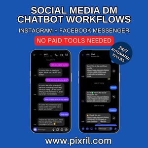 May include: An advertisement for social media chatbot workflows, showcasing two smartphones with chat examples. The text promotes Instagram and Facebook Messenger integration, highlighting the use of free tools. The image includes the website address www.pixril.com.