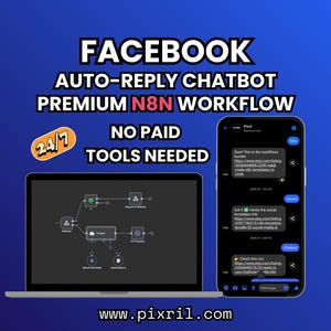 May include: A digital marketing graphic with the text "FACEBOOK AUTO-REPLY CHATBOT PREMIUM N8N WORKFLOW" and "NO PAID TOOLS NEEDED." A laptop and smartphone display a workflow diagram and a chatbot conversation, respectively. The graphic is set against a blue background.