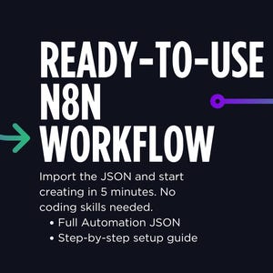 May include: A dark blue graphic with white text that reads "READY-TO-USE N8N WORKFLOW." Below, it states "Import the JSON and start creating in 5 minutes. No coding skills needed." Includes bullet points for "Full Automation JSON" and "Step-by-step setup guide."