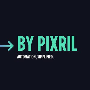 May include: A dark blue background with the text "BY PIXRIL" in large, teal letters. An arrow points to the text. Below, in white, is the text "AUTOMATION, SIMPLIFIED."