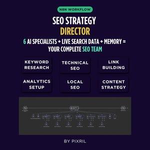 Puede incluir: Un gráfico con el texto "N8N WORKFLOW SEO STRATEGY DIRECTOR" y el lema "6 AI SPECIALISTS + LIVE SEARCH DATA + MEMORY = YOUR COMPLETE SEO TEAM." También incluye las palabras "KEYWORD RESEARCH, TECHNICAL SEO, LINK BUILDING, ANALYTICS SETUP, LOCAL SEO, CONTENT STRATEGY."