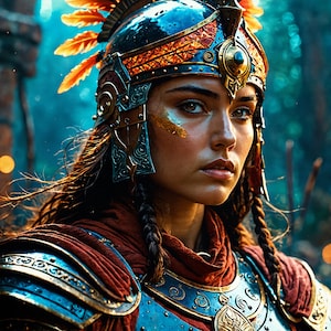 May include: A portrait of a person wearing ornate armor and a helmet with feathers. The armor is a mix of blue and gold, with intricate designs. The person has long, braided hair and is looking directly at the viewer. The background is blurred, suggesting a forest setting.