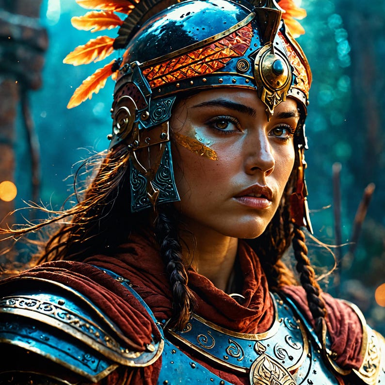 May include: A portrait of a person wearing ornate armor and a helmet with feathers. The armor is a mix of blue and gold, with intricate designs. The person has long, braided hair and is looking directly at the viewer. The background is blurred, suggesting a forest setting.