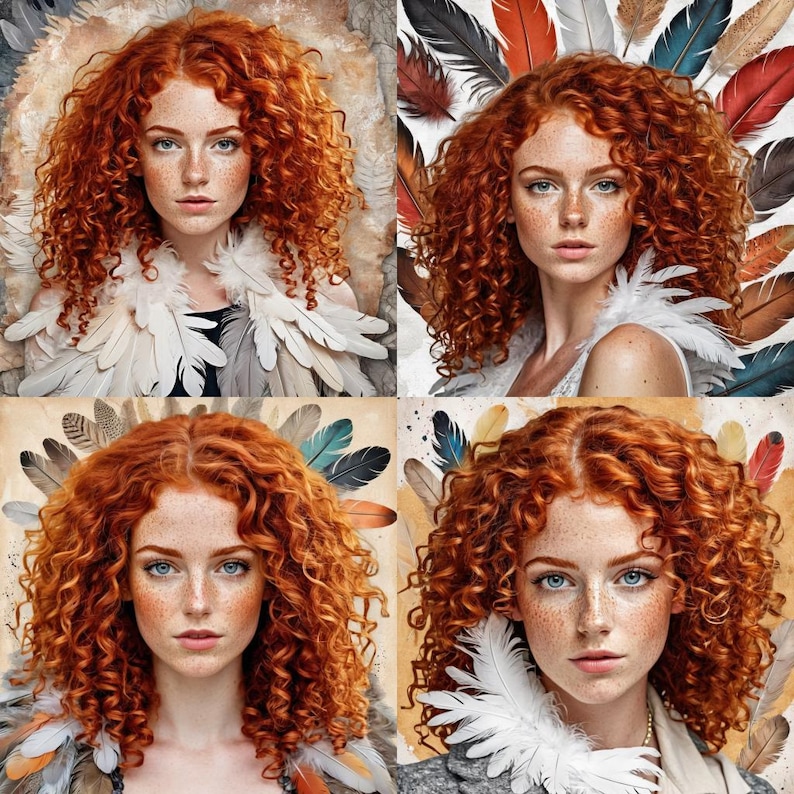 May include: A composite image featuring four portraits of a person with vibrant red, curly hair and fair skin. Each portrait shows the person with blue eyes and freckles. The person is wearing a feathered collar in each image, with a background of feathers.