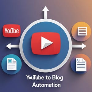 May include: An image depicting a central YouTube logo with surrounding icons and arrows, indicating a process. The text "YouTube to Blog Automation" is displayed below. The colour scheme features red, white, blue, and orange.