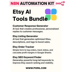 May include: A white graphic with the text "N8N AUTOMATION KIT" and "Etsy AI Tools Bundle." The image lists tools for Etsy sellers, including a customer response generator, listing generator, order tracker, and SEO keyword finder. The website address is www.pixril.com.