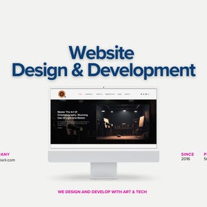 May include: A computer monitor displays a website design with the text "Website Design & Development" in blue. The website on the screen showcases cinematography. Additional text includes the company's website, the year 2016, and "500+ Projects."