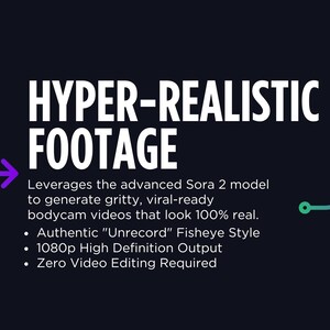 May include: A dark blue graphic with white text that reads "HYPER-REALISTIC FOOTAGE." The text is accompanied by a purple arrow and bullet points describing features like "Unrecord" Fisheye Style and 1080p High Definition Output.