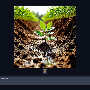 May include: A close-up shot of a young green plant sprouting from dark soil. The plant has several bright green leaves and is surrounded by wet, brown earth. The background shows rows of other plants.