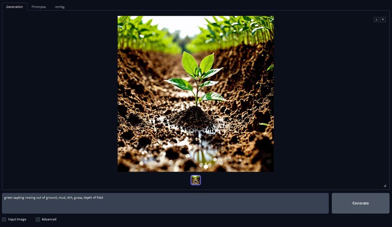 May include: A close-up shot of a young green plant sprouting from dark soil. The plant has several bright green leaves and is surrounded by wet, brown earth. The background shows rows of other plants.