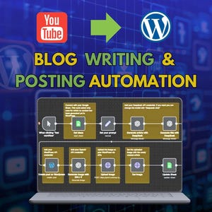 Op de afbeelding: Een laptopscherm toont een stroomdiagram voor het automatiseren van bloggen en plaatsen. De afbeelding bevat YouTube- en WordPress-logo's, met de tekst "BLOG WRITING & POSTING AUTOMATION". Het diagram toont een reeks stappen.