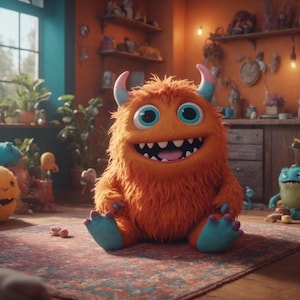 May include: An orange, furry monster with blue feet and horns sits on a patterned rug. The monster has large blue eyes, a wide grin, and a pink tongue. Other colorful monster toys are in the background, creating a playful scene.