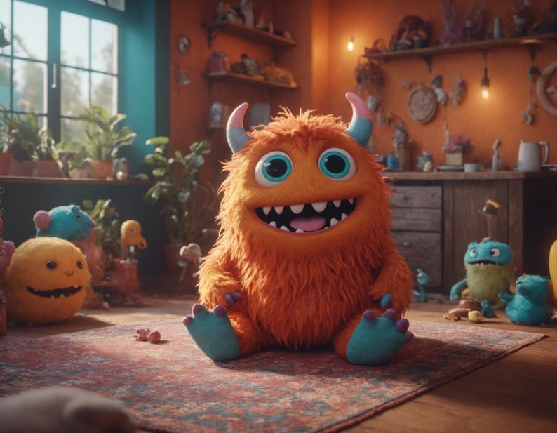 May include: An orange, furry monster with blue feet and horns sits on a patterned rug. The monster has large blue eyes, a wide grin, and a pink tongue. Other colorful monster toys are in the background, creating a playful scene.