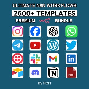 May include: A teal graphic with the text "ULTIMATE N8N WORKFLOWS" and "2600+ TEMPLATES". Below are social media icons including Instagram, Facebook, and Twitter. The word "PREMIUM" and "BUNDLE" are also displayed.